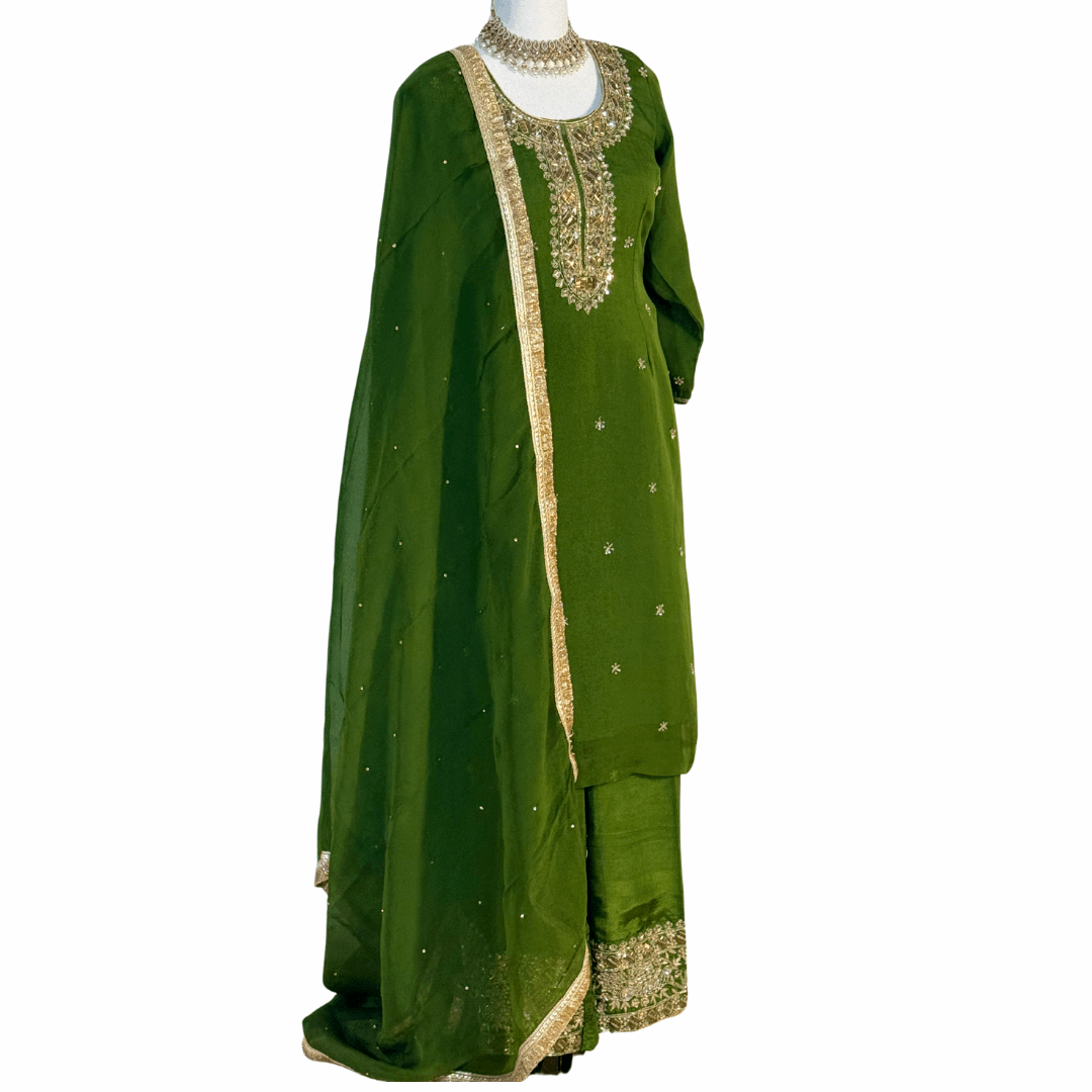 Henna Green Hand Embroidered Top with Dupatta and Palazzo