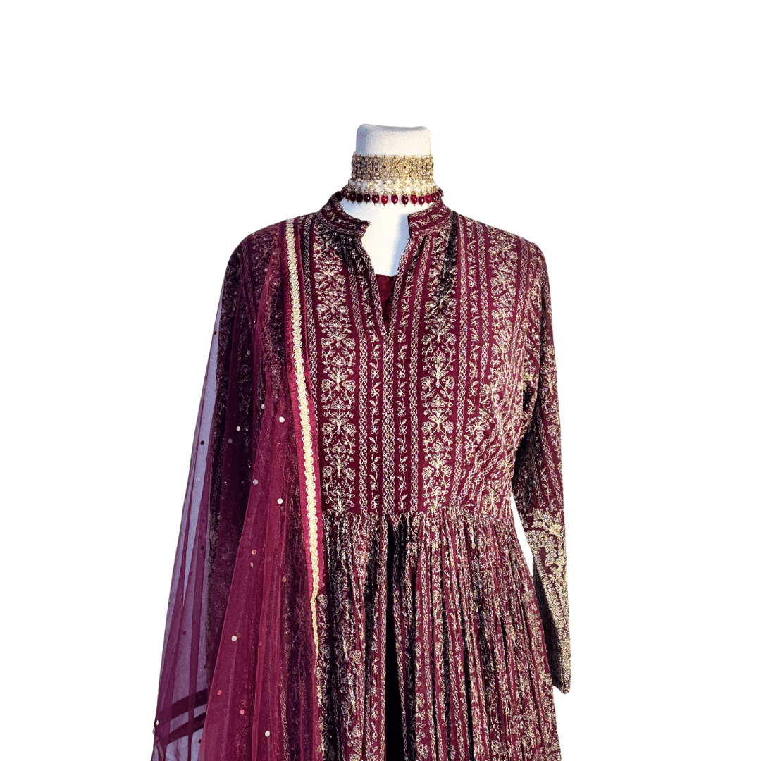 Wine Anarkali Gown with Lehenga