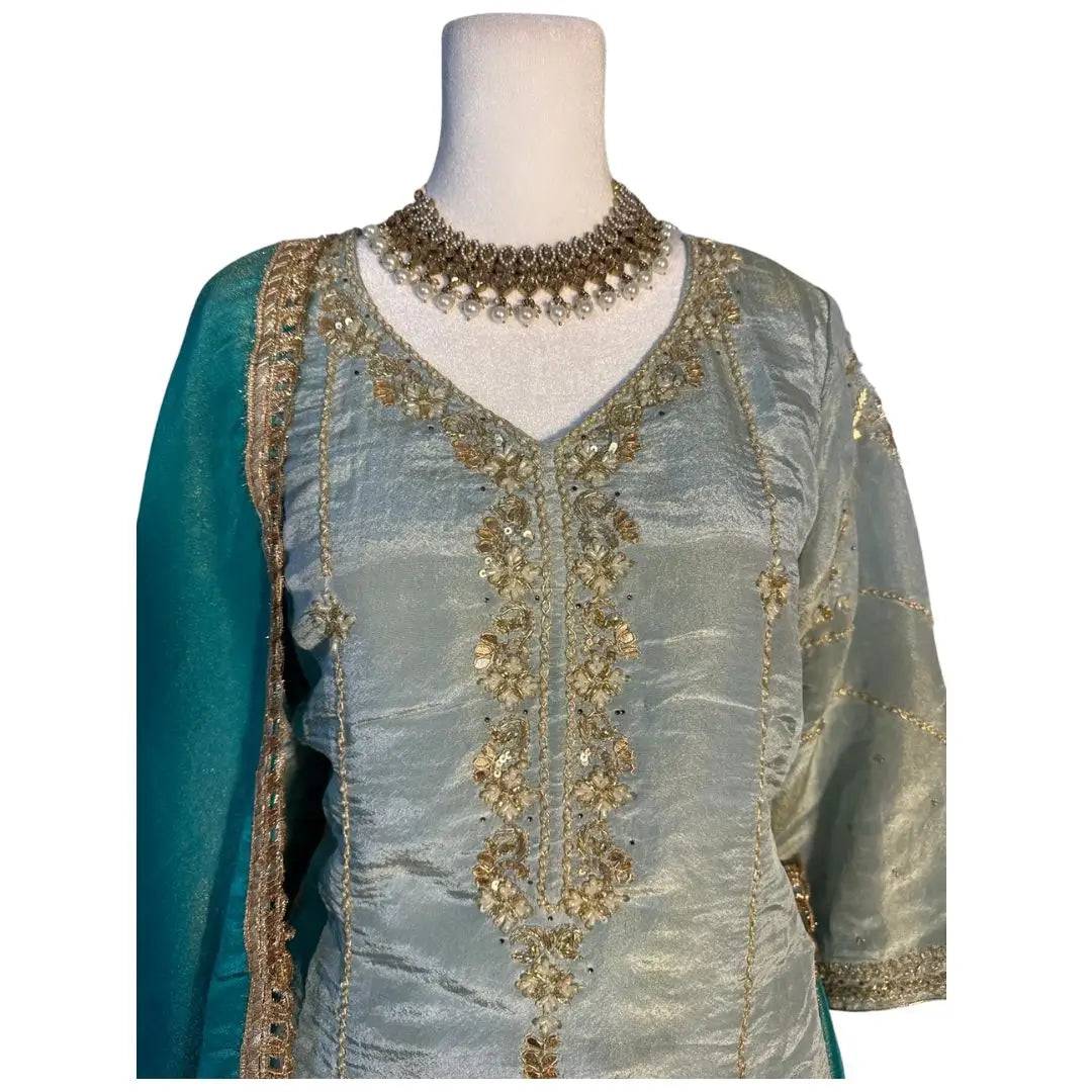 Sea Green Hand Embroidered Top with Dupatta and Pants