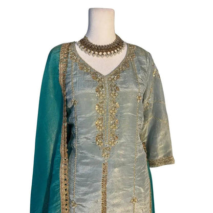 Sea Green Hand Embroidered Top with Dupatta and Pants