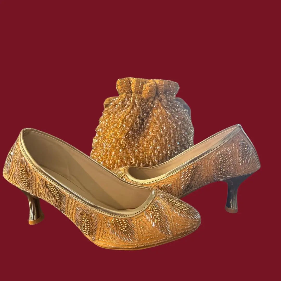 Salmon Sparkle Heeled Jutti and Golden Glamor Potli - Combo