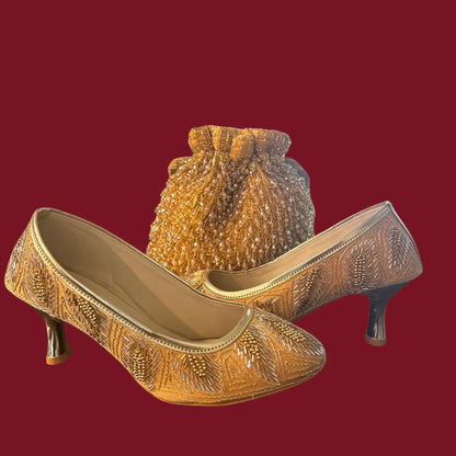 Salmon Sparkle Heeled Jutti and Golden Glamor Potli - Combo