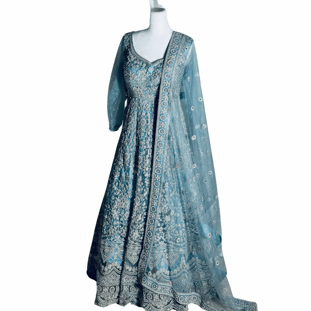 Embroidered Net Dusty Blue Anarkali Gown