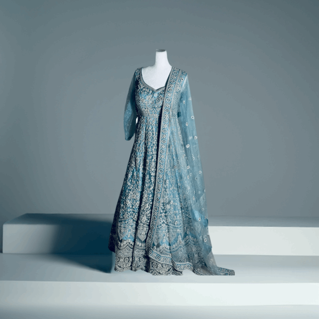 Embroidered Net Dusty Blue Anarkali Gown