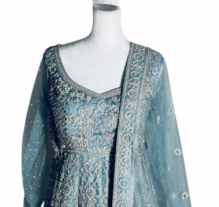 Embroidered Net Dusty Blue Anarkali Gown