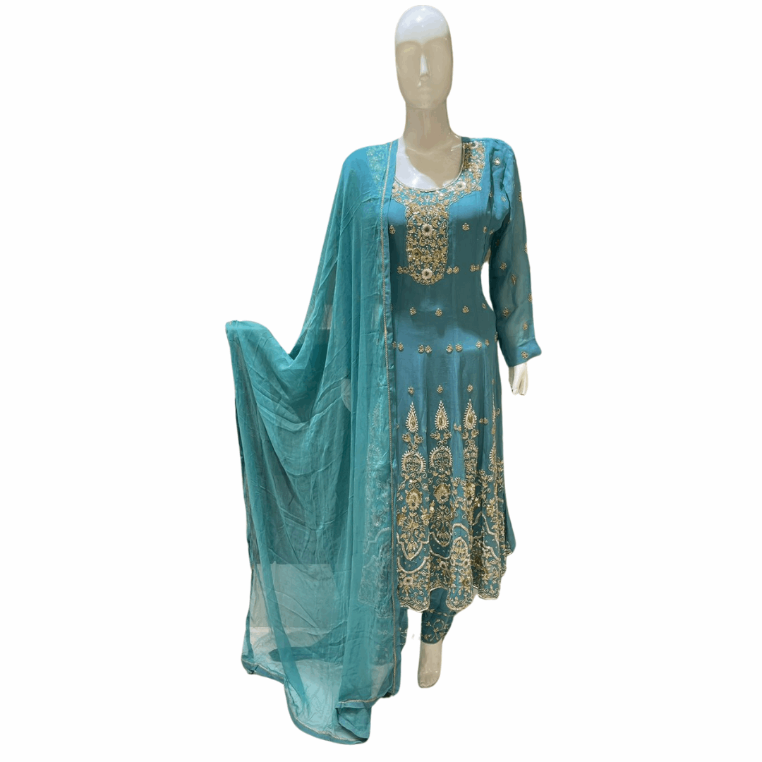 blue Anarkali with Pant intricately embroidered with Gold and zari