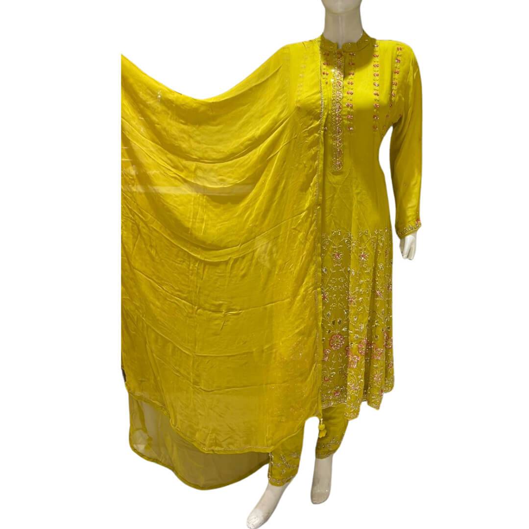 Olive green Embroidered Anarkali with Dupatta and Pants