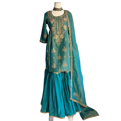 Green Embroidered Top with Dupatta and Gharara