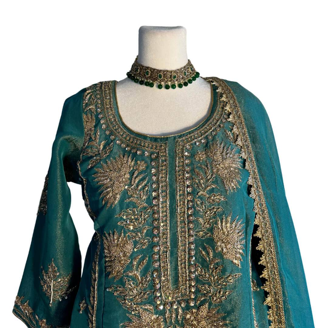 Green Embroidered Top with Dupatta and Gharara