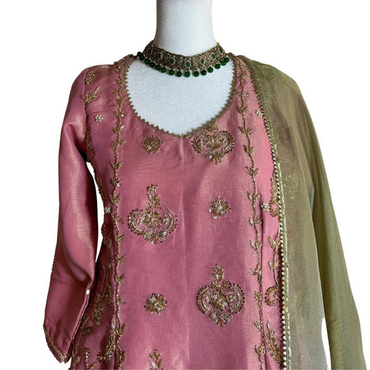 Embroidered Top with Dupatta and Gharara