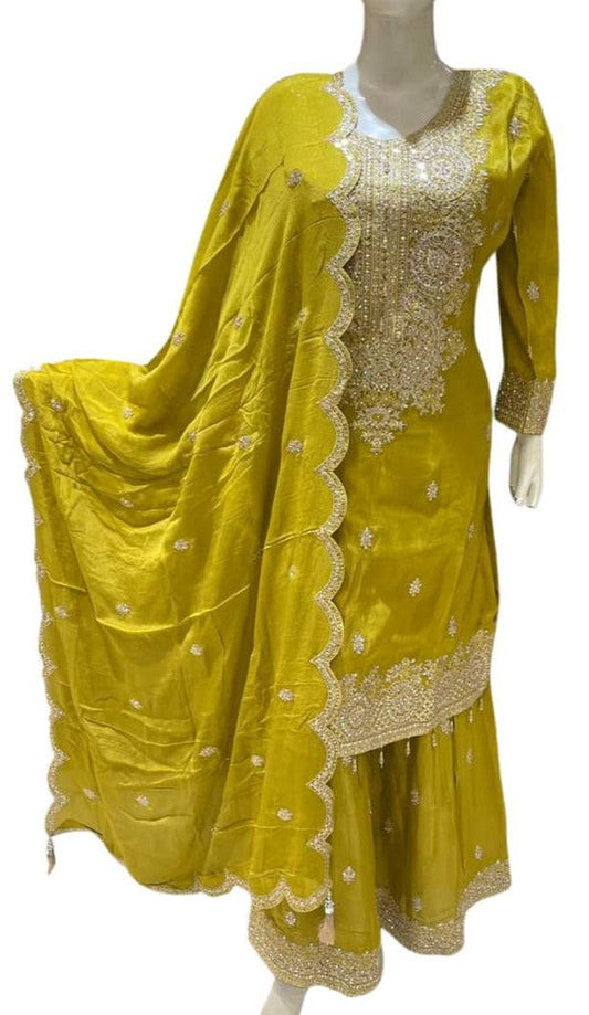 Embroidered top with dupatta and embroidered Gharara