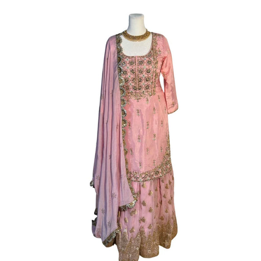 Pink Hand Embroidered Top and Banarsi Gharara with Dupatta