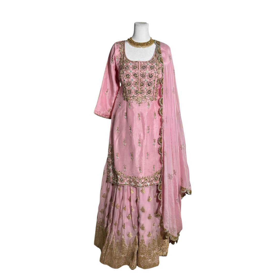 Pink Hand Embroidered Top and Banarsi Gharara with Dupatta