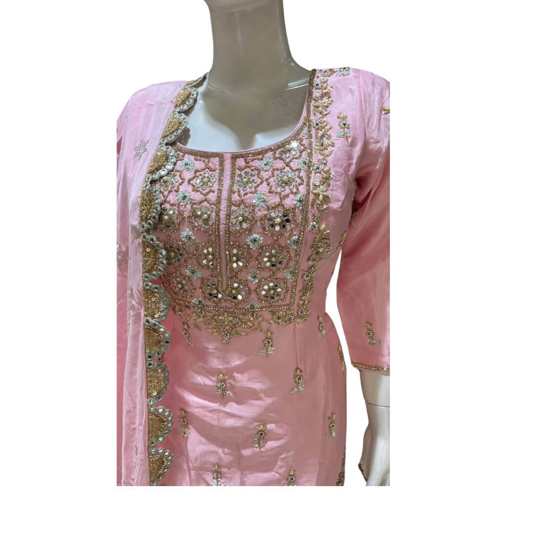 Pink Hand Embroidered Top and Banarsi Gharara with Dupatta