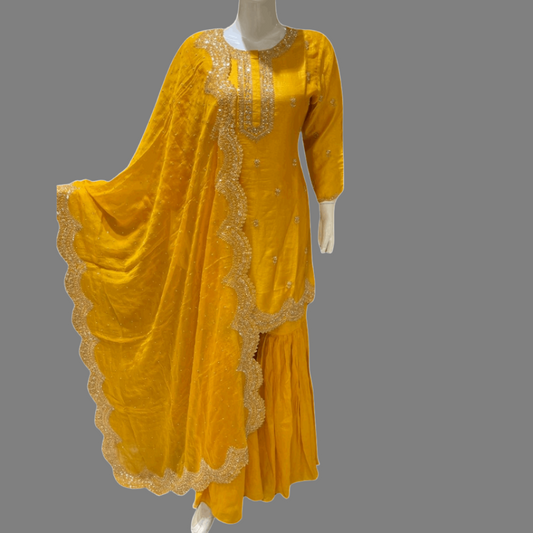 Embroidered Top with Gharara and Embroidered Dupatta on all four sides