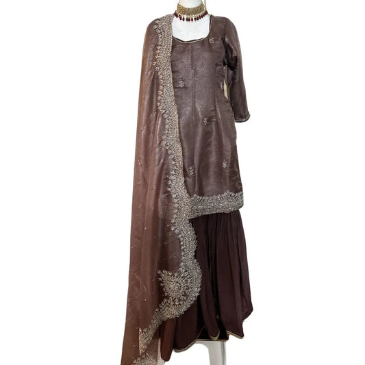 Metallic Wine Embroidered Gharara with Dupatta