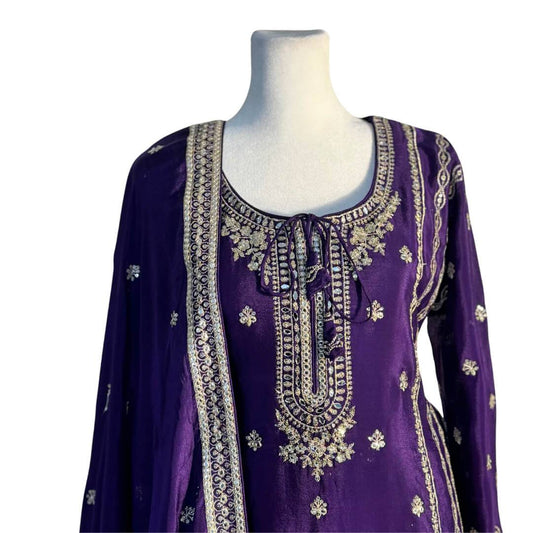 Purple embroidered top with dupatta and embroidered Sharara