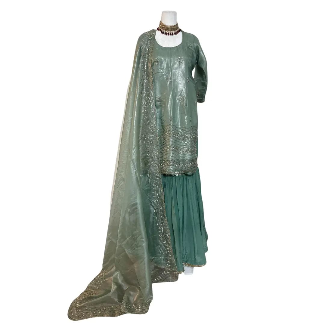 Metallic Green Embroidered Gharara with Dupatta