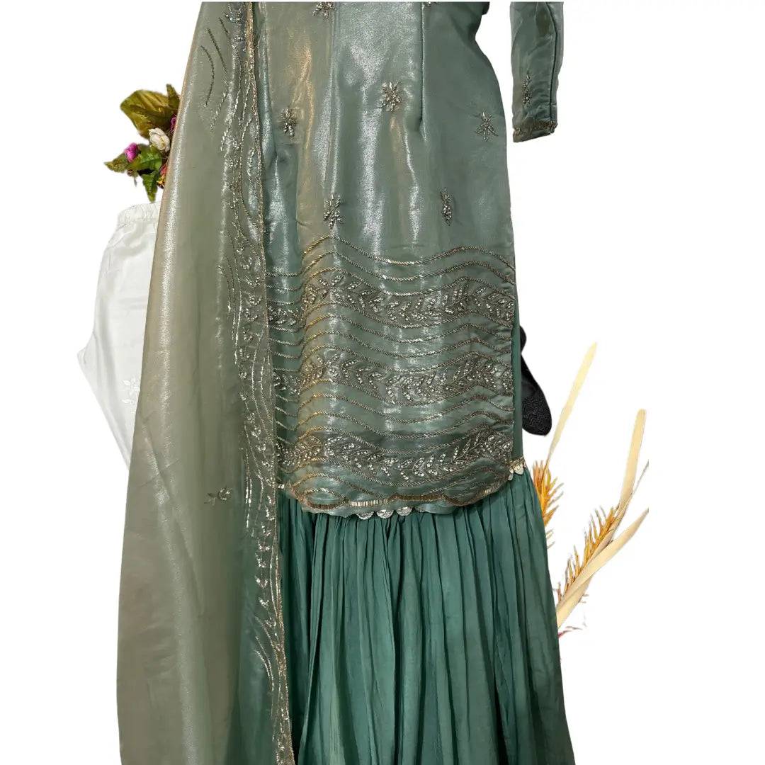 Metallic Green Embroidered Gharara with Dupatta