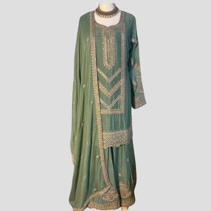 Sage Green Embroidered Top with Sharara and Dupatta