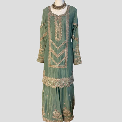 Sage Green Embroidered Top with Sharara and Dupatta