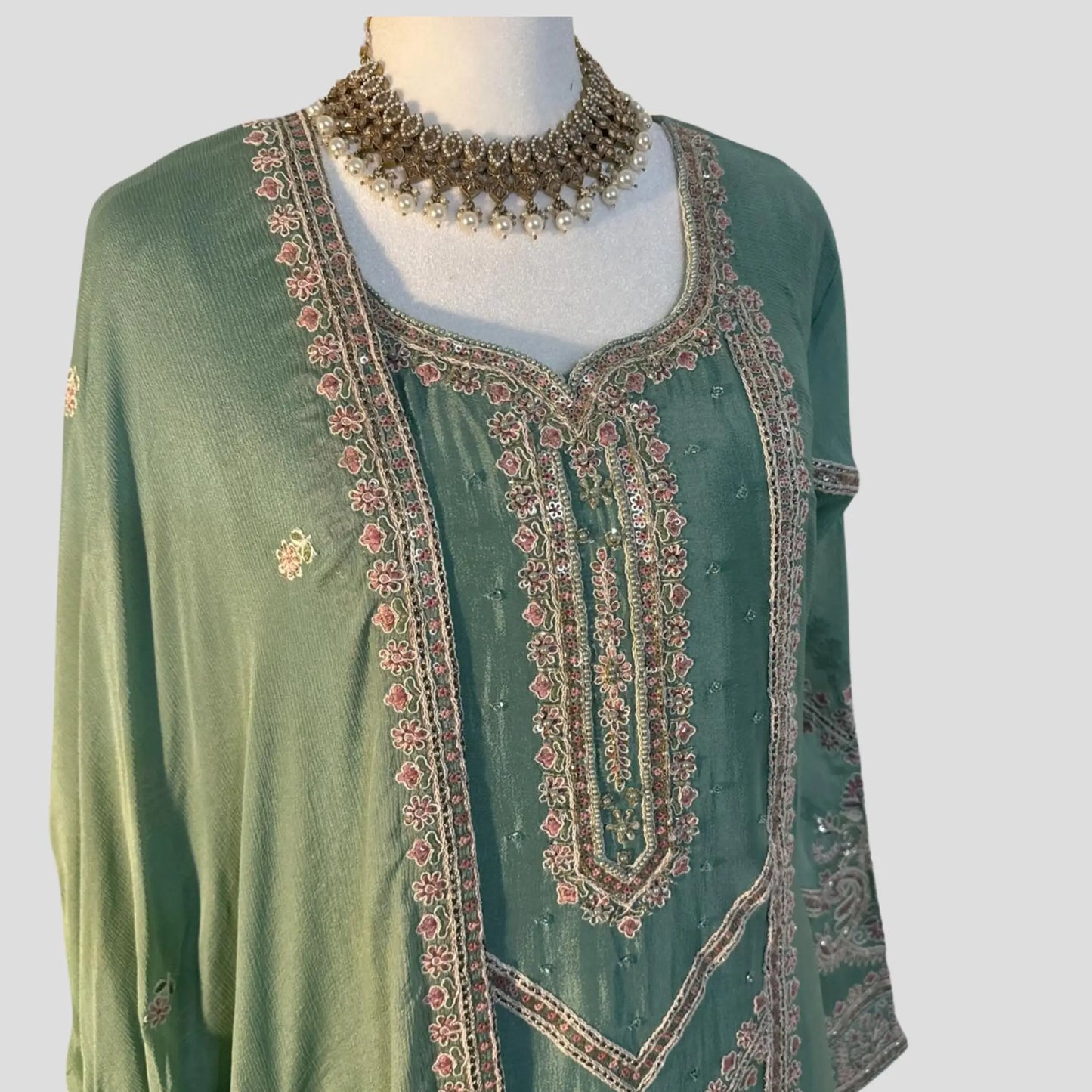 Sage Green Embroidered Top with Sharara and Dupatta