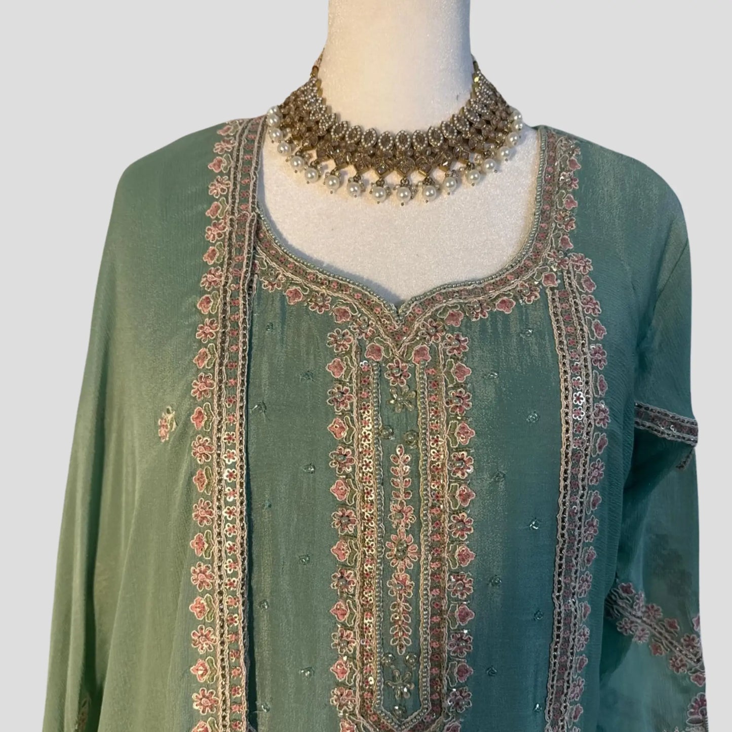 Sage Green thread embroidered Sharar suit