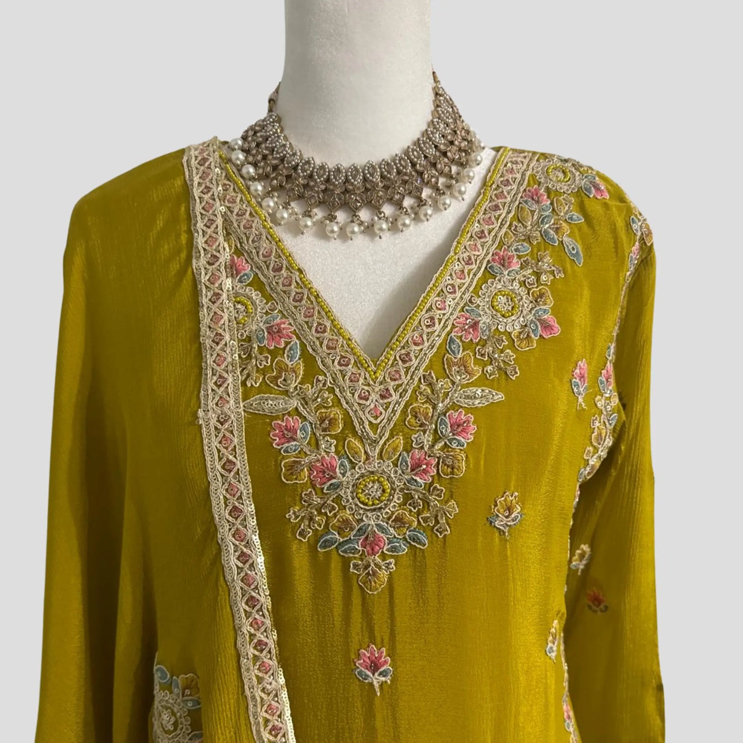 Olive Green Embroidered Sharara with Dupatta