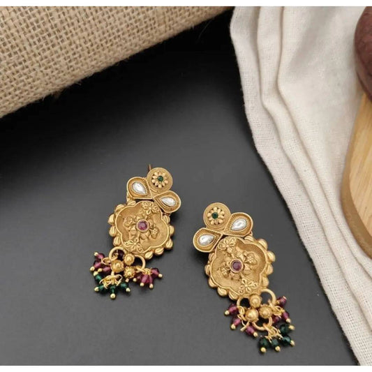 Brass High Gold Earrings  with Red and Green Moti