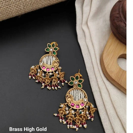 Brass High Gold Kundan Earrings with Red and White Moti