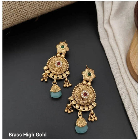 Brass High Gold Kundan Earrings with Sea Green Stone